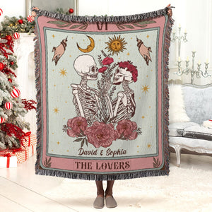 The Lovers- Personalized Woven Blanket- Gift For Him/ Gift For Her- Skull Couple Blanket - Blanket - GoDuckee
