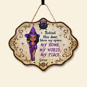 Behind This Door, Bless My Space- Personalized Wood Sign- Gift For Halloween- Halloween Witch Wood Sign - Wood Sign - GoDuckee