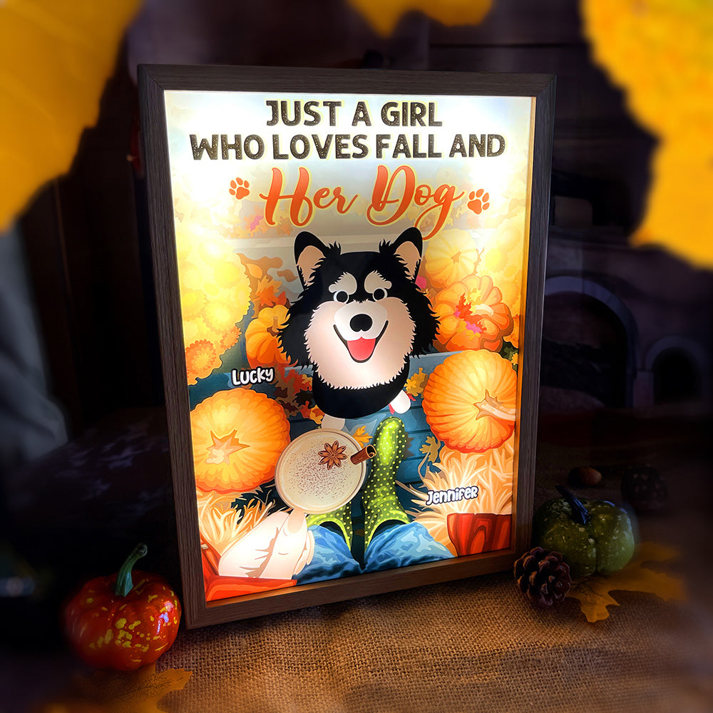 Just A Girl Who Loves Fall And Her Dog, Gift For Dog Lover, Personalized Light Picture Frame, Pumpkin Dog Light Frame TT - Poster & Canvas - GoDuckee