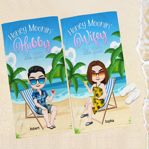 Newlywed Couple Honey Moonin Personalized Beach Towel, Hubby Wifey Beach Vacation - Beach Towel - GoDuckee