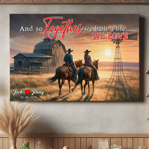 Personalized Gifts For Couple Canvas Print, Cowboy Couple Riding Horse On Sunset Prairie 03qhtn121224 - Poster & Canvas - GoDuckee