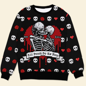 Till Death Do Us Part, Couple Gift, Personalized Knitted Ugly Sweater, Skull Couple Sweater, Halloween Gift - AOP Products - GoDuckee