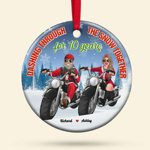 Dashing Through The Snow Together, Biker Couple Personalized Ceramic Ornament, Couple Gifts - Ornament - GoDuckee