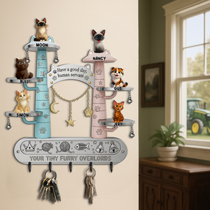 Tiny Fluffy Cat Wood Key Hanger - Personalized Gift For Cat Lovers 01TGLU290725 - Wood Sign - GoDuckee