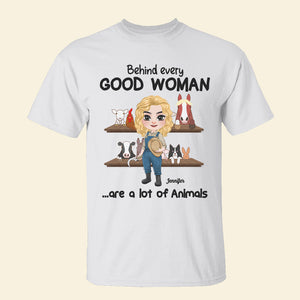 Behind Every Good Woman Are A Lot Of Animals, Gift For Farmer Girl, Personalized Shirt, Farming Girl Shirt - Shirts - GoDuckee