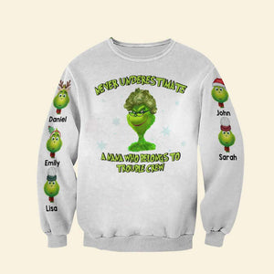 Never Underestimate A Nana Belongs To Trouble Crew, Gift For Grandma, Personalized 3D Shirt, Grandkids Green Monster AOP Shirt, Christmas Gift 06OHHN300623 - AOP Products - GoDuckee