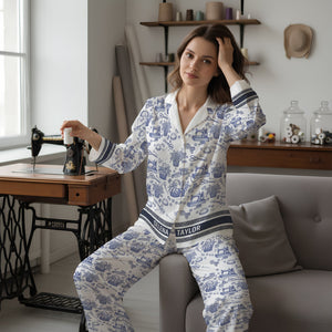 Sewing Toile de Jouy Button Up Pajama Set - Personalized Gift For Sewing Lover Christmas Pajama 06PGLU250925 - Pajama Set - GoDuckee
