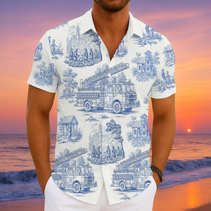 Personalized Gifts For Firefighter Hawaiian Shirt, Vintage Toile Blue Fire Truck Pattern 03qhtn110625 - Hawaiian Shirts - GoDuckee