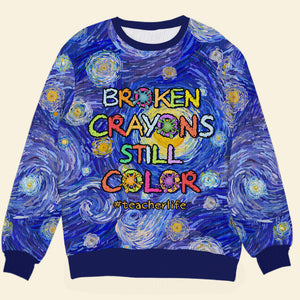 Broken Crayons Still Color, Gift For Teacher, Personalized Knitted Ugly Sweater, Teacher Crayon Sweater - AOP Products - GoDuckee
