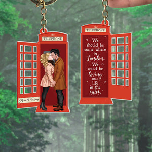 We Could Be Loving Our Life In The Rain, Personalized Kissing Couple At Telephone Booth Keychain, Gift For Couple, Valentine's Gifts - Keychains - GoDuckee