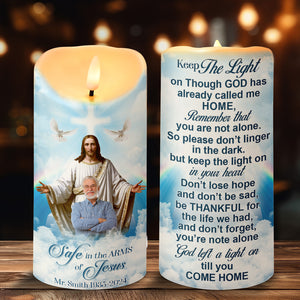 Custom Photo Memorial Gifts For Family Candle 04qnqn090125 Safe In The Arms Of Jesus - Led Candle - GoDuckee