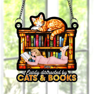 Personalized Gifts For Book Lovers Suncatcher Ornament 02xqqn030125tm Easily Distracted By Cats And Books - Ornament - GoDuckee
