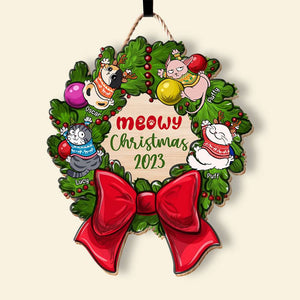 Cat Meowy Christmas Personalized Wood Art, Cat Christmas Wood Sign, Gift For Cat Lovers - Wood Sign - GoDuckee