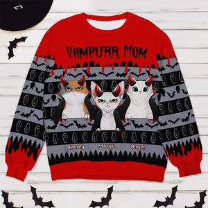 Vampurr Mom And Dad, Gift For Cat Lovers, Personalized Knitted Ugly Sweater, Vampire Cat Sweater, Halloween Gift - AOP Products - GoDuckee