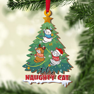 Feliz Naughty Cat, Personalized Wood Ornament,Christmas Gift For Cat Lovers - Ornament - GoDuckee