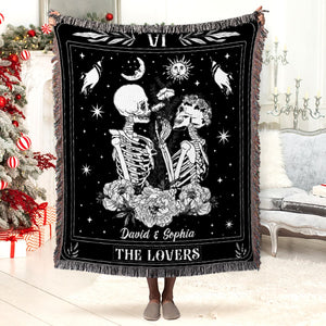 The Lovers- Personalized Woven Blanket- Gift For Him/ Gift For Her- Skull Couple Blanket - Blanket - GoDuckee