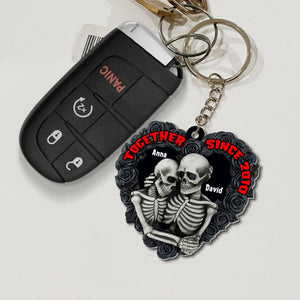 Personalized Skeleton Couple Keychain, Gift For Couple, Black Rose Heart Shape - Keychains - GoDuckee