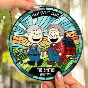 Personalized Gifts For Farmer Couple Round Stained Glass Suncatcher, Farm Sweet Farm 03qhdt110125hg - Ornament - GoDuckee