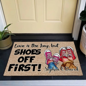 Love Is The Key But Shoes Off First, Personalized Doormat, Couple Shoes Gifts 02KADT040124 - Doormat - GoDuckee