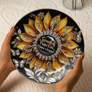 Personalized Gifts For Grandma Sunflower Round Plate, Grandkids Make Life More Grand 01TGMH140325 - Ceramic Round Plate - GoDuckee