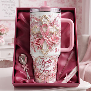 God Be With His Pink Fighter 40oz Tumbler With Handle - Personalized Gifts For Breast Cancer Warrior 02QHLU030826
