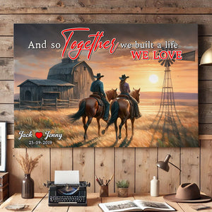 Personalized Gifts For Couple Canvas Print, Cowboy Couple Riding Horse On Sunset Prairie 03qhtn121224 - Poster & Canvas - GoDuckee