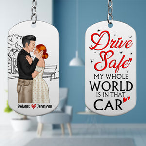 Romantic Couple, My Whole World Is In That Car, Personalized Stainless Steel Keychain, Gifts For Couple - Keychains - GoDuckee