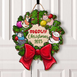Cat Meowy Christmas Personalized Wood Art, Cat Christmas Wood Sign, Gift For Cat Lovers - Wood Sign - GoDuckee
