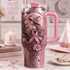 Pink Witches Ribbon Breast Cancer Awareness Colorful 40oz Tumbler With Handle - Personalized Gifts For Cancer Awareness 04palu100826 - Tumbler Cup - GoDuckee