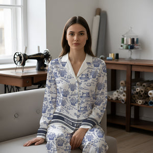 Sewing Toile de Jouy Button Up Pajama Set - Personalized Gift For Sewing Lover Christmas Pajama 06PGLU250925 - Pajama Set - GoDuckee