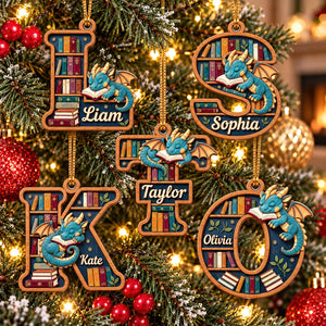 Initial Letter Alphabet Book Dragon Wood Ornament, Personalized Gifts For Book Lovers 05qhqn250926