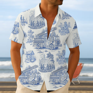 Personalized Gifts For Firefighter Hawaiian Shirt, Vintage Toile Blue Fire Truck Pattern 03qhtn110625 - Hawaiian Shirts - GoDuckee