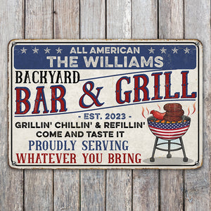 Backyard Bar & Grill, Gift For BBQ Lover, Personalized Metal Sign, Backyard BBQ Grill - Metal Wall Art - GoDuckee