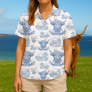 Personalized Gifts For Highland Cow Lovers Hawaiian Shirt, Vintage Blue Toile Pattern 03QHDT110625 - Hawaiian Shirts - GoDuckee