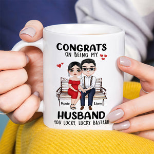 Congrats On Being My Husband, Gift For Couple, Personalized Mug, Couple Sitting Mug, Couple Gift - Coffee Mug - GoDuckee