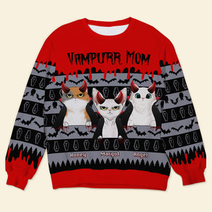Vampurr Mom And Dad, Gift For Cat Lovers, Personalized Knitted Ugly Sweater, Vampire Cat Sweater, Halloween Gift - AOP Products - GoDuckee