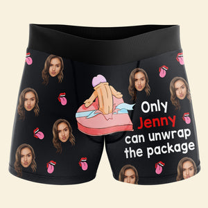 Only You Can Unwrap The Package, Custom Photo Men Boxer Briefs, Funny Couple Gift For Valentine's Day - Boxer Briefs - GoDuckee