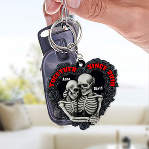 Personalized Skeleton Couple Keychain, Gift For Couple, Black Rose Heart Shape - Keychains - GoDuckee