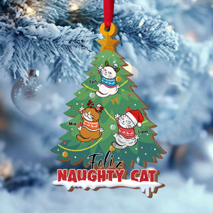 Feliz Naughty Cat, Personalized Wood Ornament,Christmas Gift For Cat Lovers - Ornament - GoDuckee