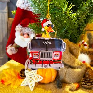 Personalized Fire Truck Duck Ornament- Gift For Firefighter- Christmas Ornament - Ornament - GoDuckee
