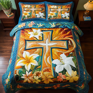 Gifts For Christian Quilt Bedding Set Special Line, Cross And Lilies 04tgpu050225 - Blanket - GoDuckee