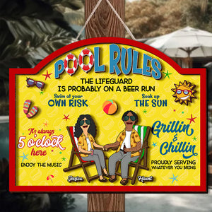 Personalized Gifts For Summer Couple Wood Sign Pool Rules With Relaxing Couple 02XQLU080225PA - Wood Sign - GoDuckee