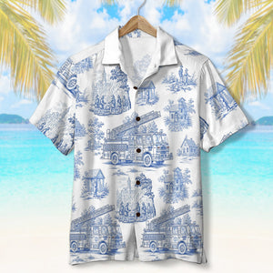 Personalized Gifts For Firefighter Hawaiian Shirt, Vintage Toile Blue Fire Truck Pattern 03qhtn110625 - Hawaiian Shirts - GoDuckee