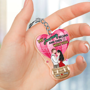 My Journey Begins And Ends With You, Couple Gift, Personalized Keychain, Kissing Couple Hot Air Balloon Keychain - Keychains - GoDuckee