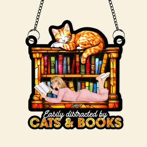 Personalized Gifts For Book Lovers Suncatcher Ornament 02xqqn030125tm Easily Distracted By Cats And Books - Ornament - GoDuckee