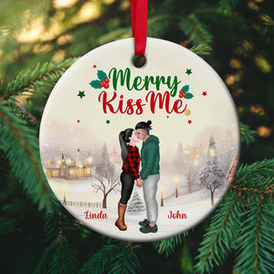 Merry Kiss Me, Personalized Ceramic Ornament, Christmas Gift For Couple - Ornament - GoDuckee