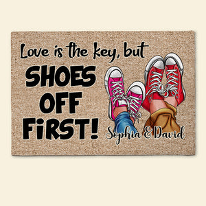 Love Is The Key But Shoes Off First, Personalized Doormat, Couple Shoes Gifts 02KADT040124 - Doormat - GoDuckee