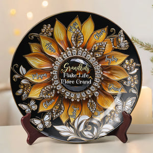 Personalized Gifts For Grandma Sunflower Round Plate, Grandkids Make Life More Grand 01TGMH140325 - Ceramic Round Plate - GoDuckee