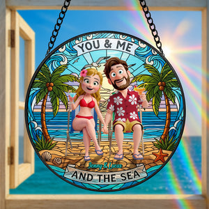 Happy Couple At Beach Stained Glass Suncatcher, Personalized Gifts For Couple 02qhtn160725hg - Ornament - GoDuckee