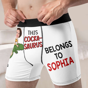 This Cocka-Saurus Belongs To, Couple Gift, Personalized Boxer, Naughty Couple Boxer, Gift For Him - Boxer Briefs - GoDuckee